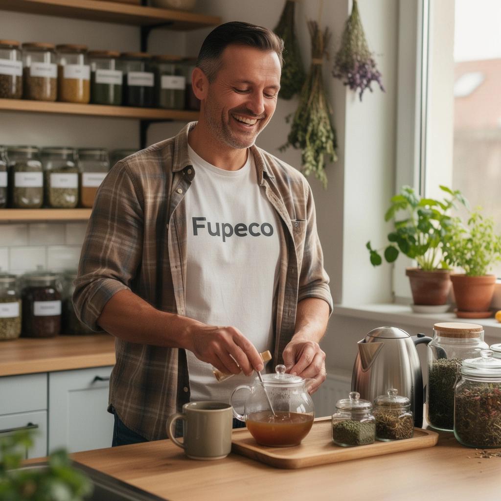 Relaxujúca scéna s človekom, ktorý si vychutnáva šálku čaju na terase v prírode.